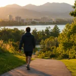 Person walking a paved trail in a Denver city park with foothills in the distance