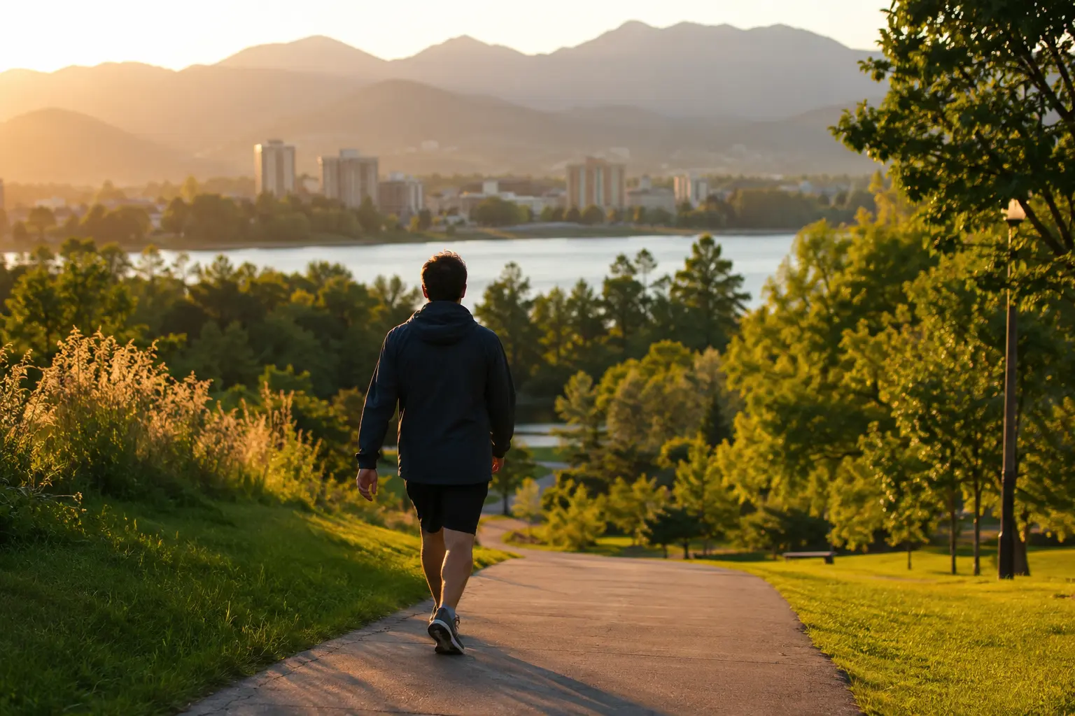 Person walking a paved trail in a Denver city park with foothills in the distance