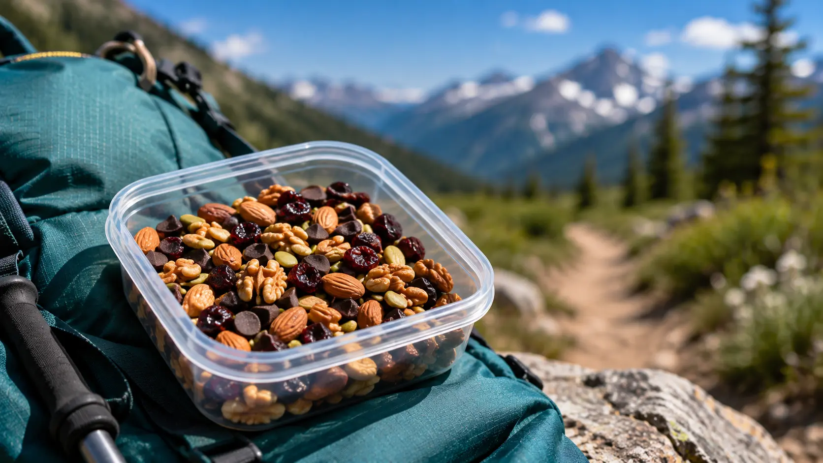 Hiking Snacks: The Best Trail Snacks to Fuel Every Hike 3 Traveler packing TSA-friendly hiking snacks such as nuts, jerky, and dried fruit before a flight