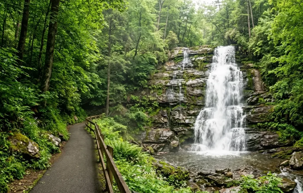 Laurel Falls cascading over rock along a popular Smoky Mountains hiking trail
