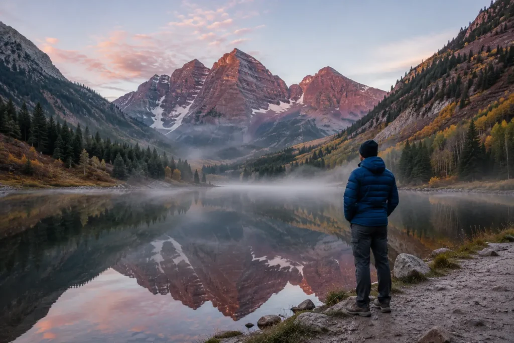 Traveler standing at the edge of a lake with Maroon Bells reflected in the water