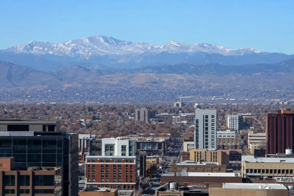 View of the Front Range peaks visible from downtown Denver, Colorado on a clear day