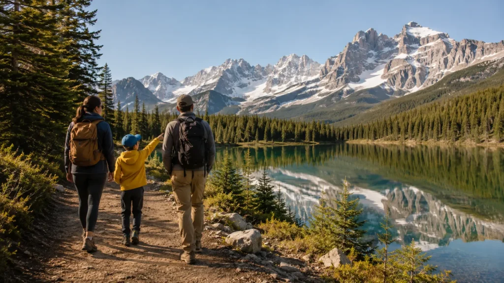 Family walking along an alpine lake trail in Rocky Mountain National Park