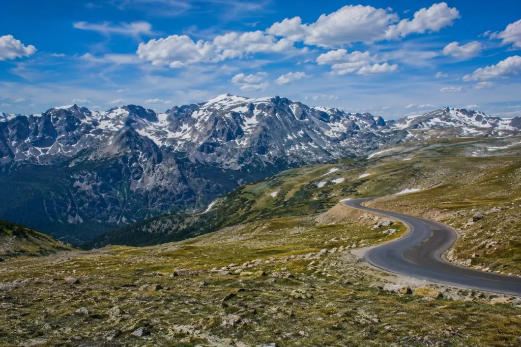 Trail Ridge Road winding through alpine tundra in Rocky Mountain National Park near Denver