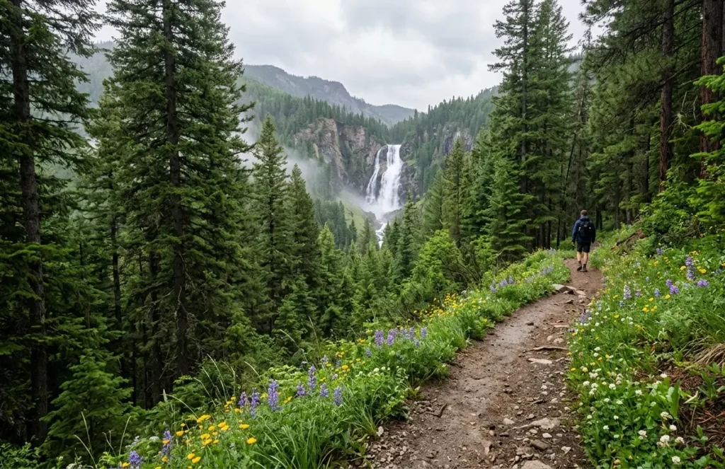 Hiking trail leading toward a waterfall through a Colorado forest in spring