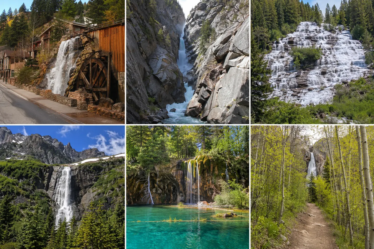 Collage of waterfalls near Denver, Colorado, including easy, moderate, and day-trip hikes