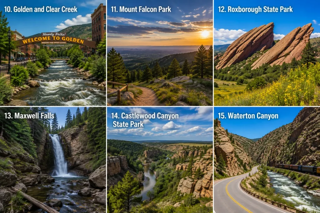 Collage of Golden and Clear Creek, Mount Falcon Park, Roxborough State Park, Maxwell Falls, Castlewood Canyon State Park, and Waterton Canyon near Denver, Colorado.